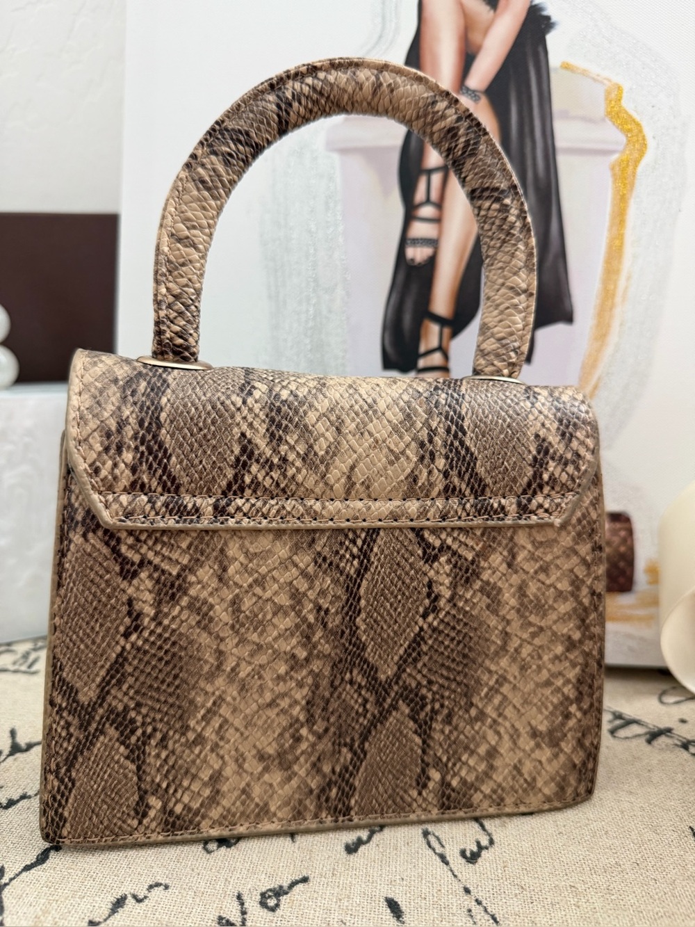 Python-Pattern Top Handle Mini Bag in Brown snake print - Picture 2 of 6